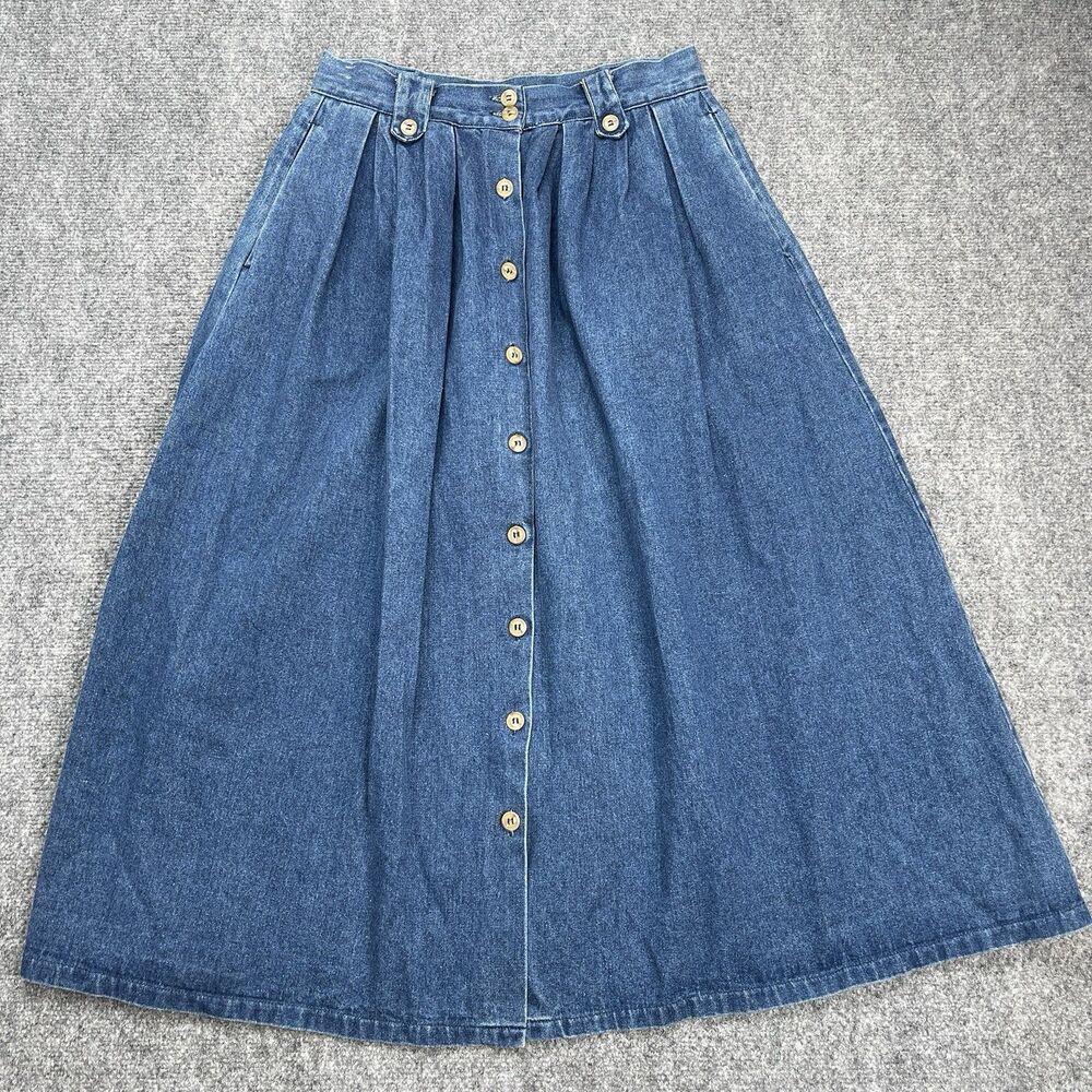 Peddlers Vintage Button Front Denim Skirt Womens Sz 13/14 Pockets Cotton Midi